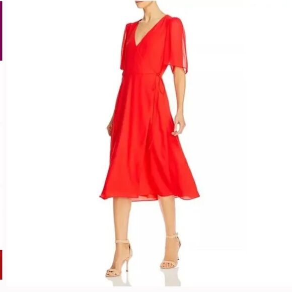 Alice + Olivia Suri True Wrap Midi Dress Red Size 2 Sheer Sleeves - Picture 1 of 14